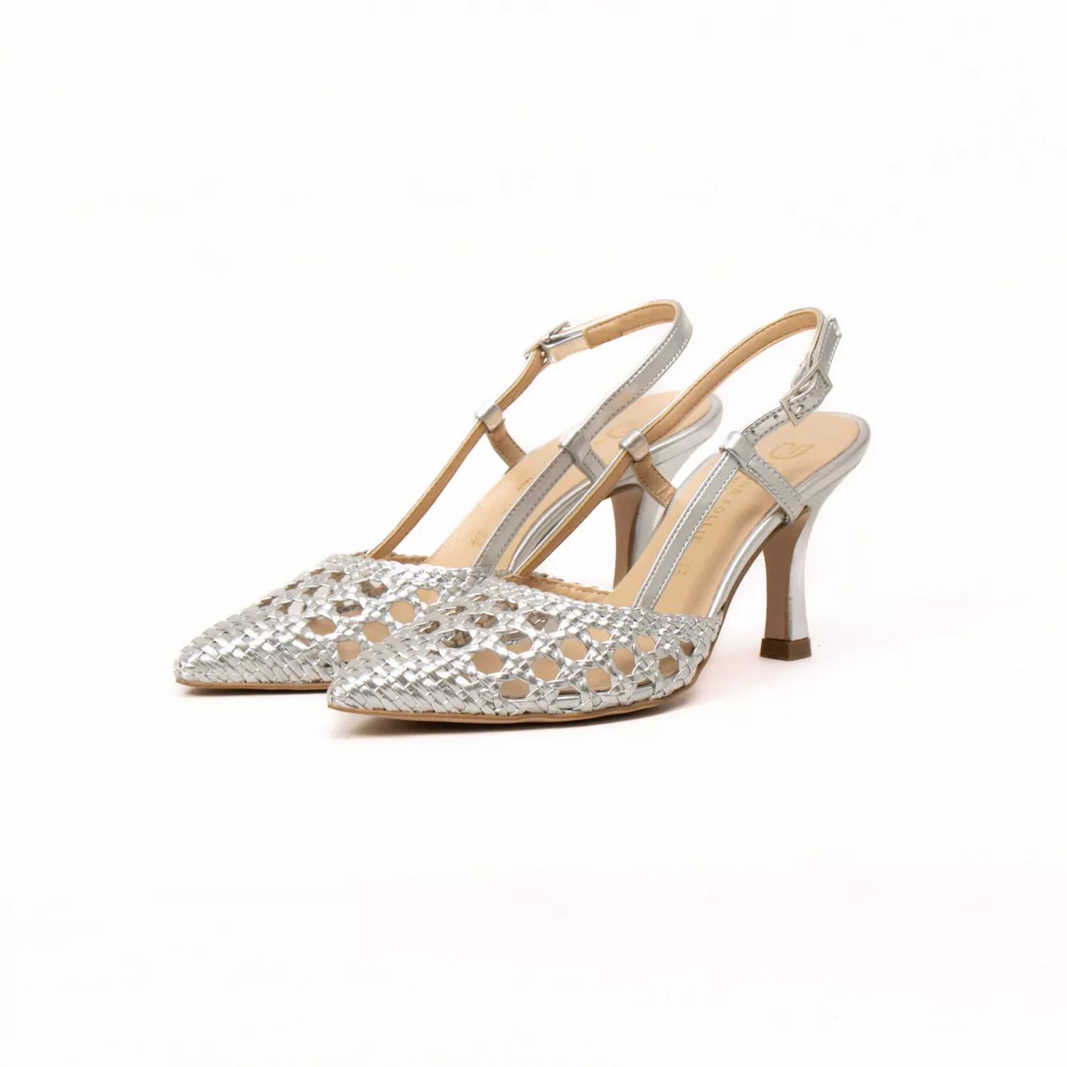 Online White Mood Divine Follie-Slingback Intrecciata Con Tacco - Laminato Argento