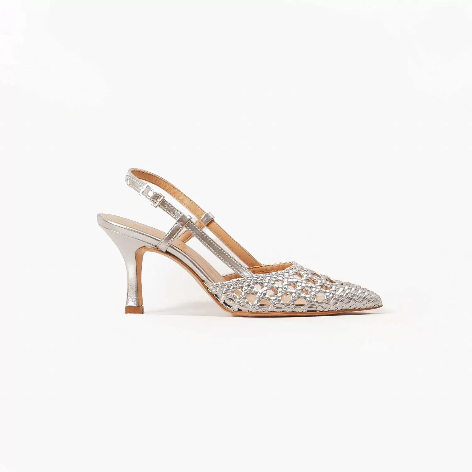 Online White Mood Divine Follie-Slingback Intrecciata Con Tacco - Laminato Argento