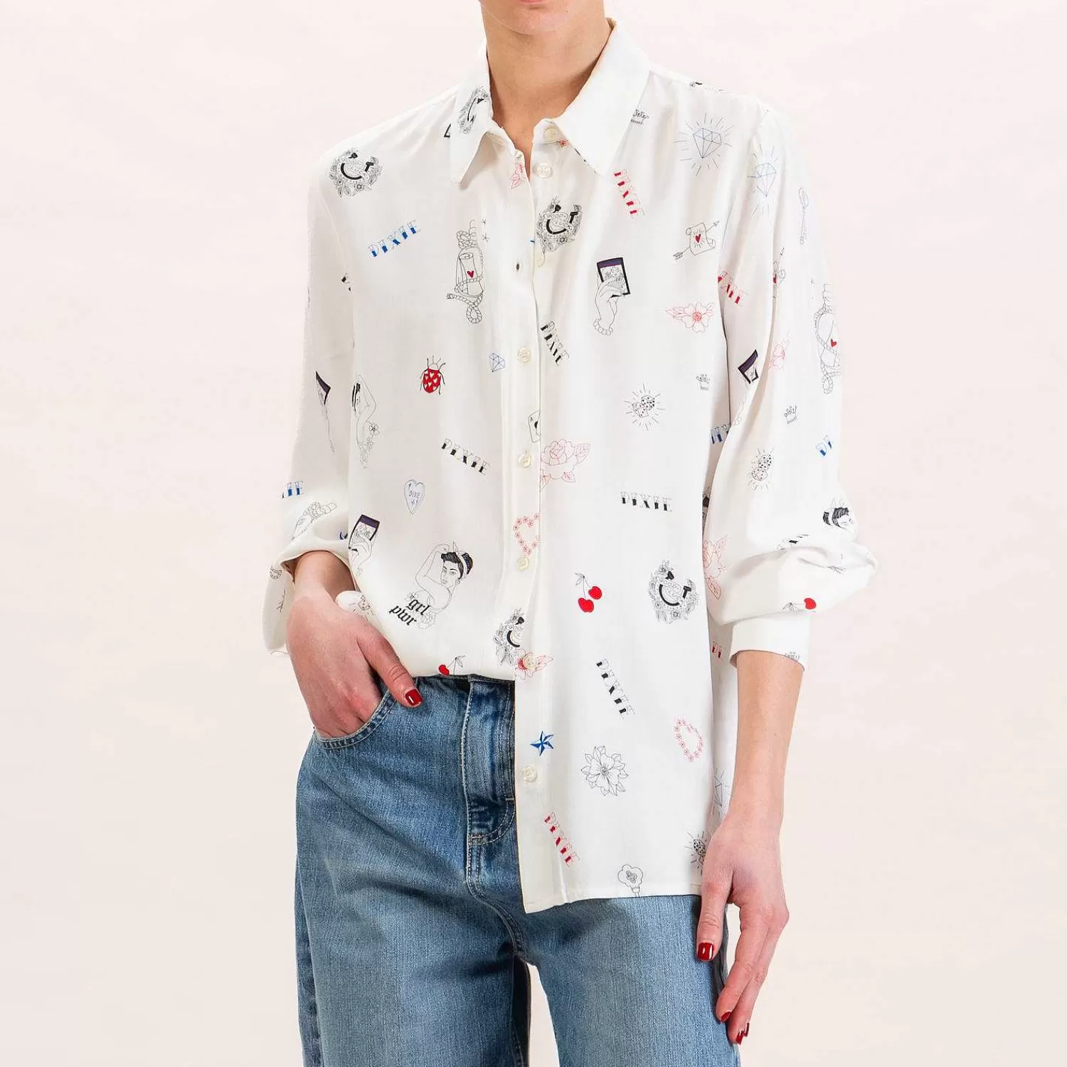 Shop White Mood Dixie-Camicia Fantasia Tattoo - Latte