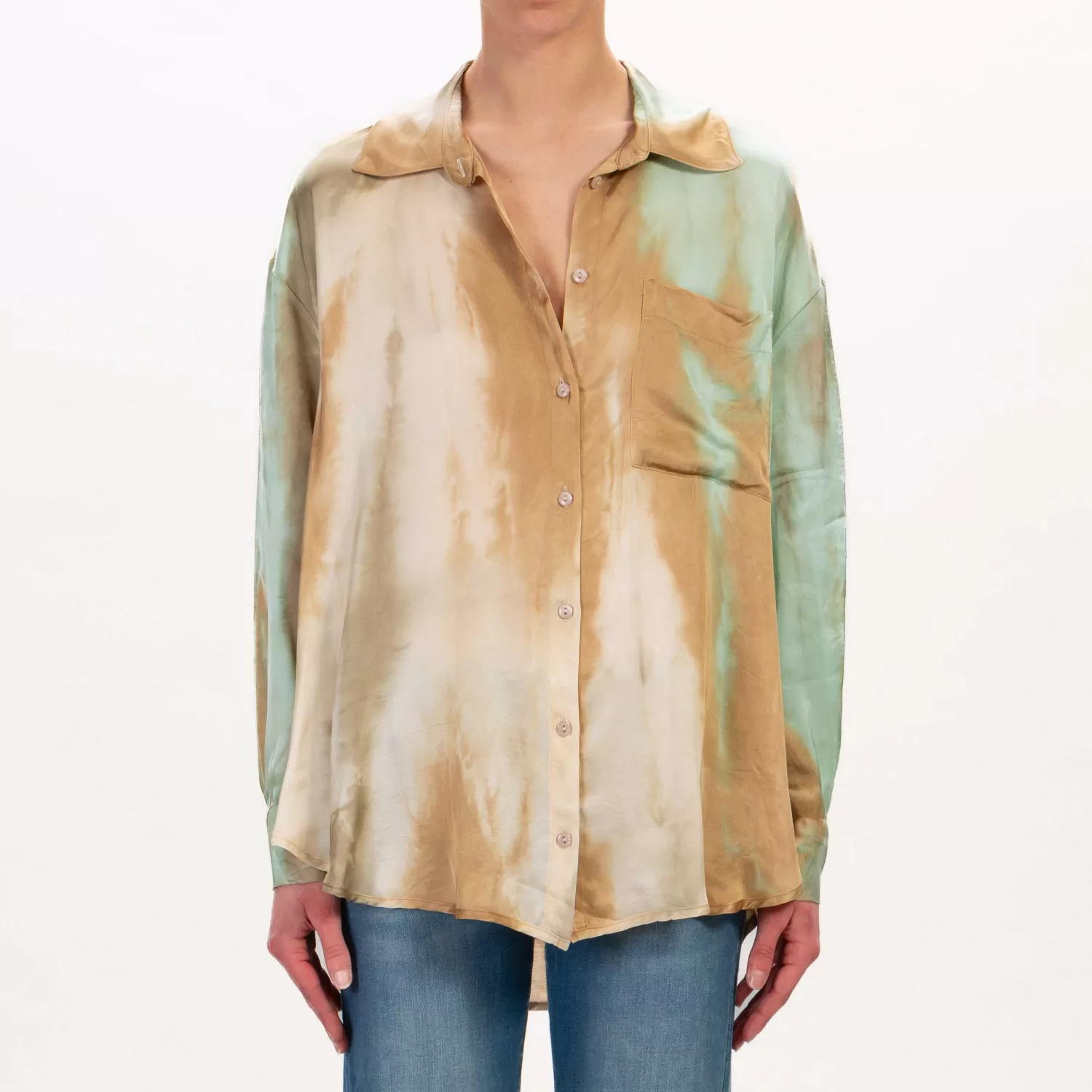 Shop White Mood Dixie-Camicia Satin Tie Dye - Beige/Acqua