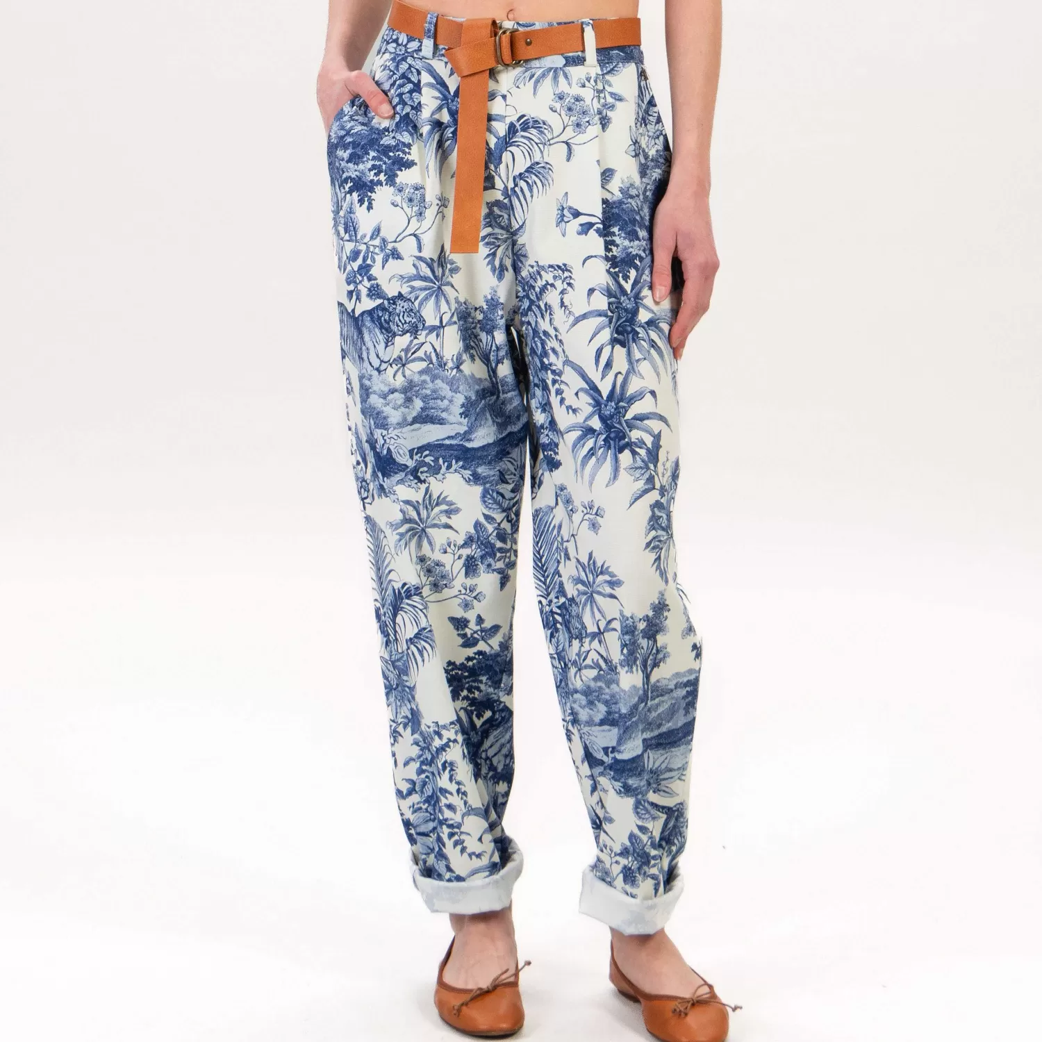 Store White Mood Dixie-Pantalone Fantasia Jungle Elastico Dietro - Burro/Blu