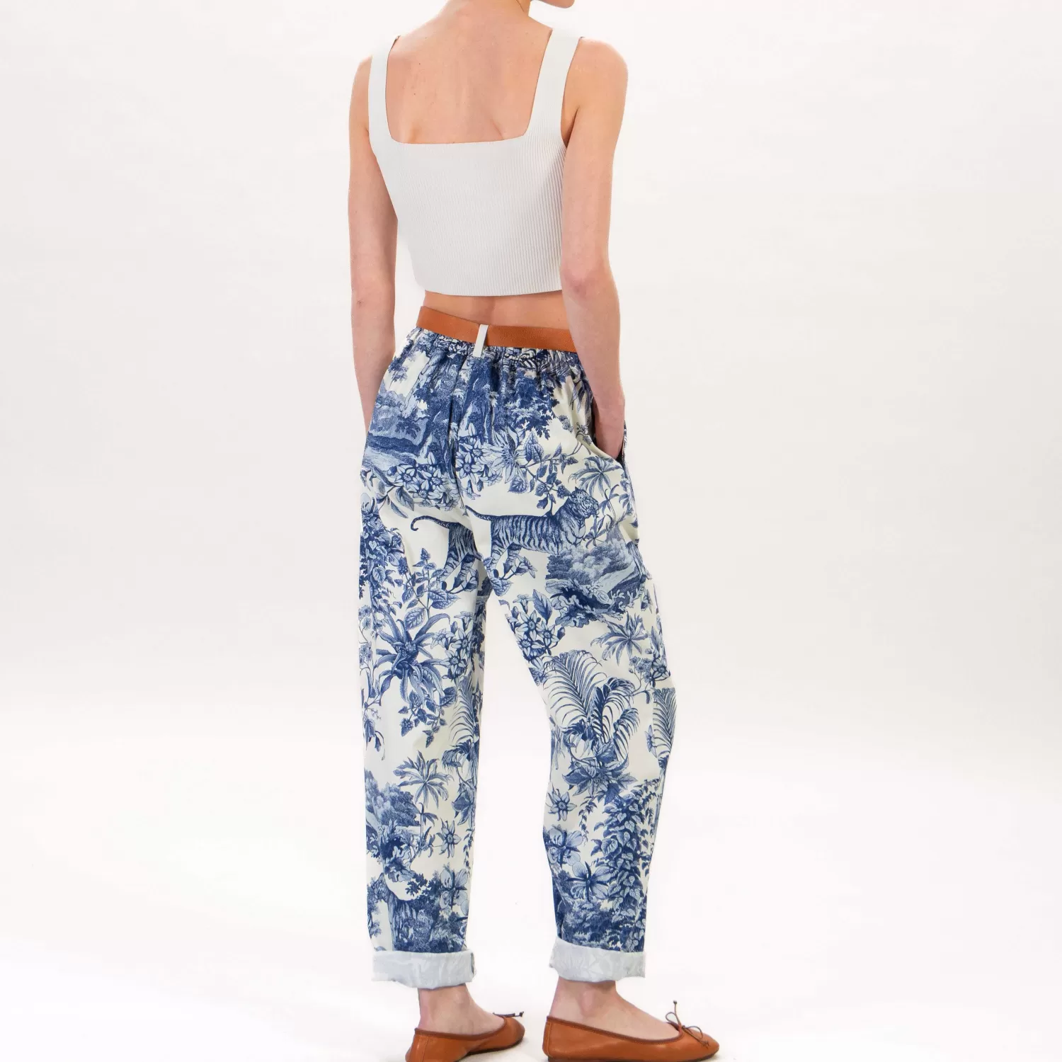 Store White Mood Dixie-Pantalone Fantasia Jungle Elastico Dietro - Burro/Blu