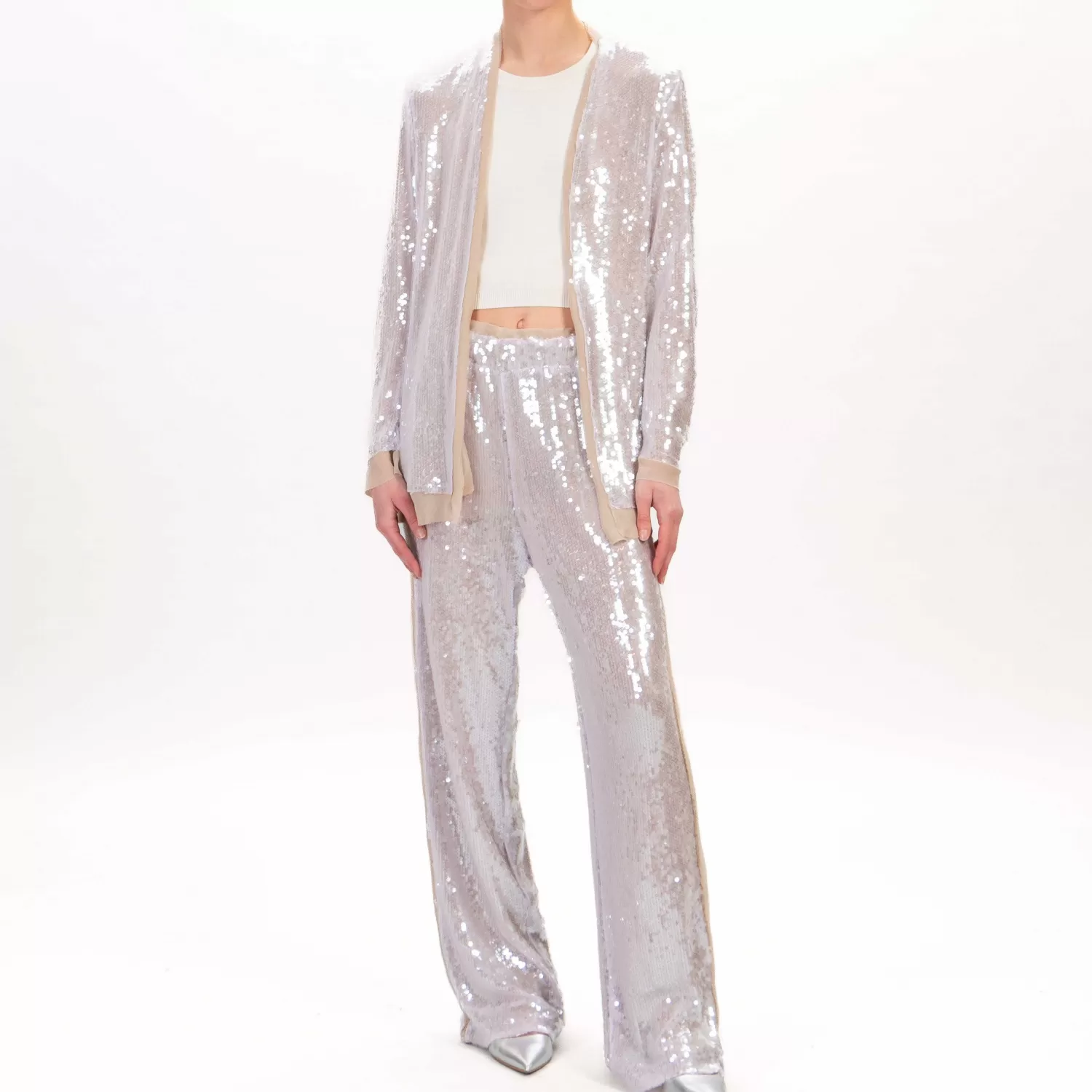 Hot White Mood Dixie-Pantalone Paillettes Con Tulle - Lilla