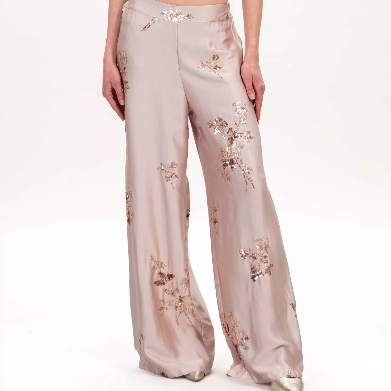 Best White Mood Dixie-Pantalone Ricami Paillettes - Cipria