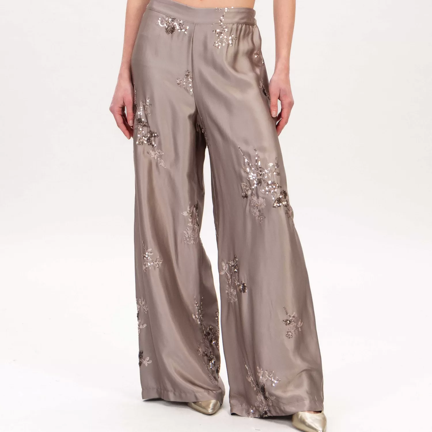 Hot White Mood Dixie-Pantalone Ricami Paillettes - Taupe