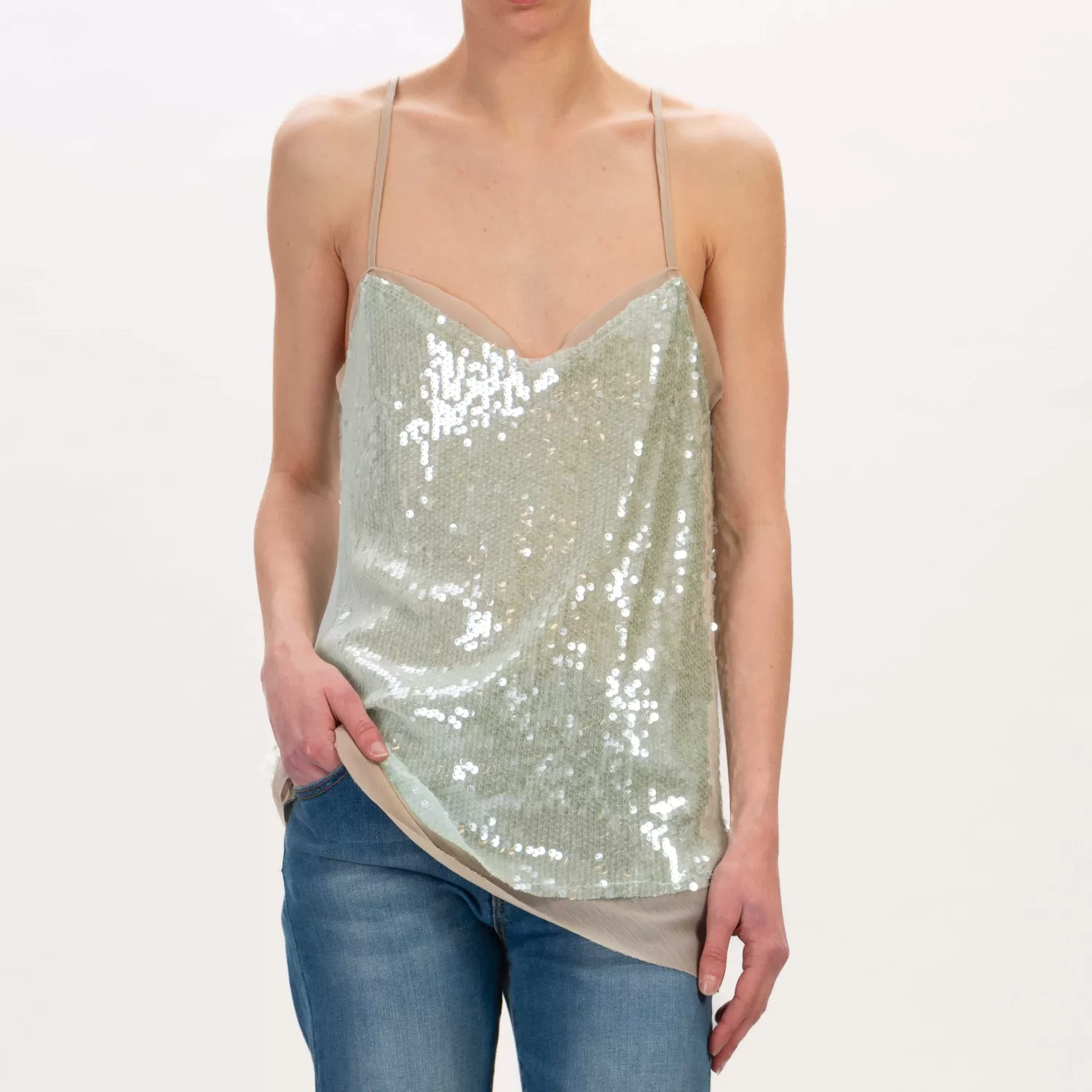 Store White Mood Dixie-Top Paillettes Con Tulle - Acqua