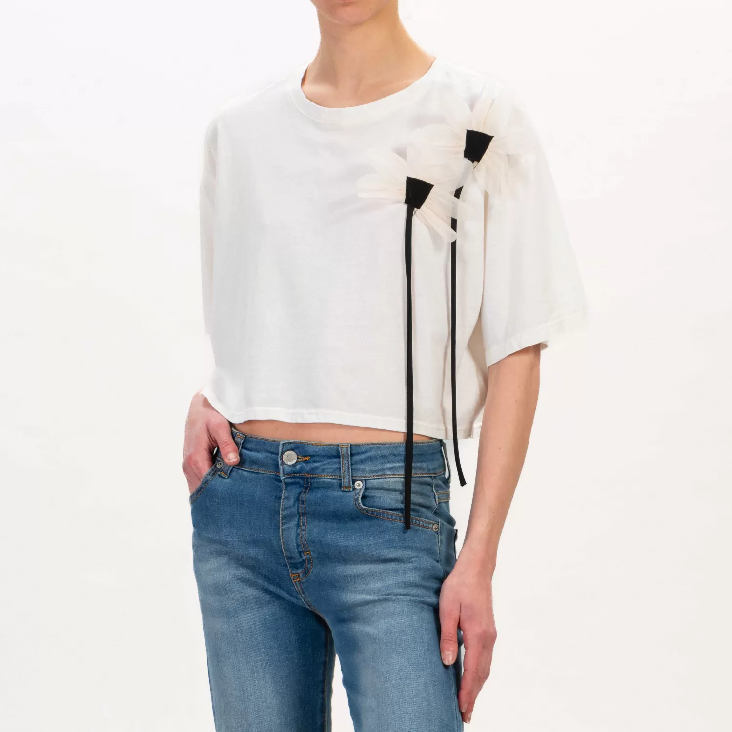 Cheap White Mood Dixie-T-Shirt Crop Con Fiori - Burro