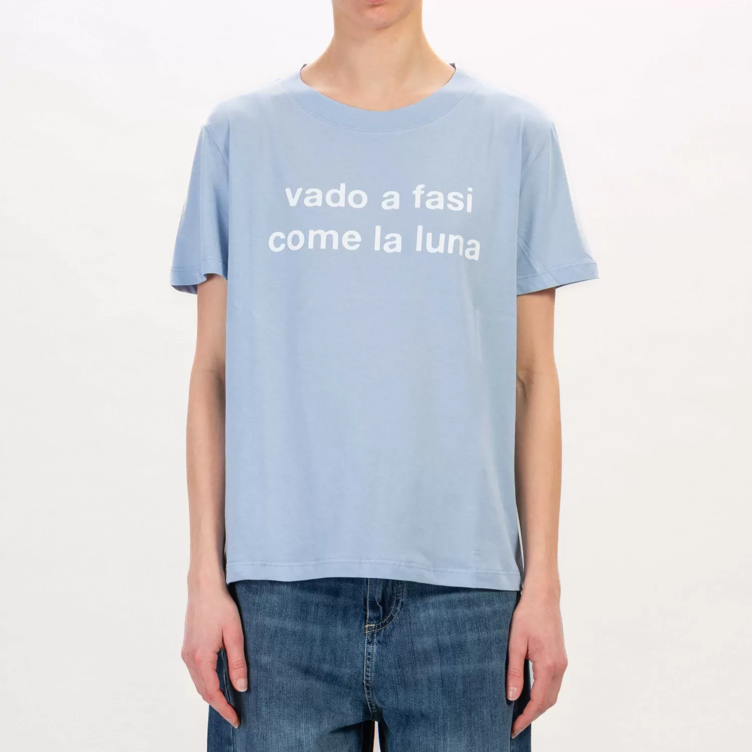 Online White Mood Dixie-T-Shirt "Vado A Fasi Come La Luna..." - Celeste/Bianco