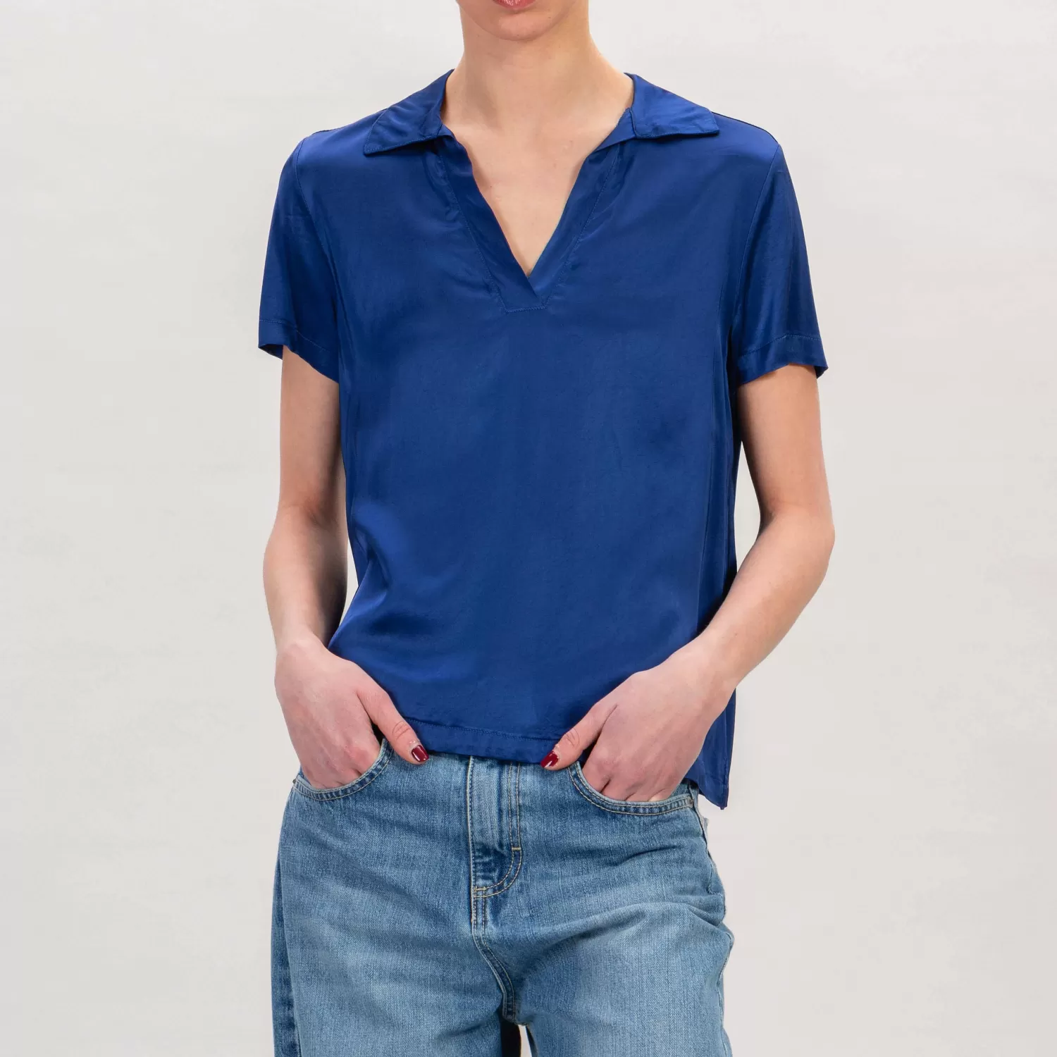 New White Mood Haveone-Blusa Polo Mezza Manica In Satin - Blu Notte