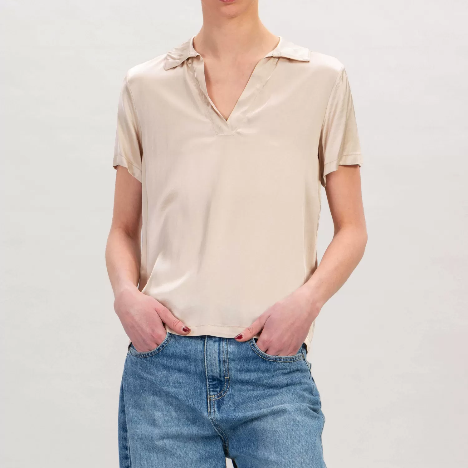 Outlet White Mood Haveone-Blusa Polo Mezza Manica In Satin - Sand