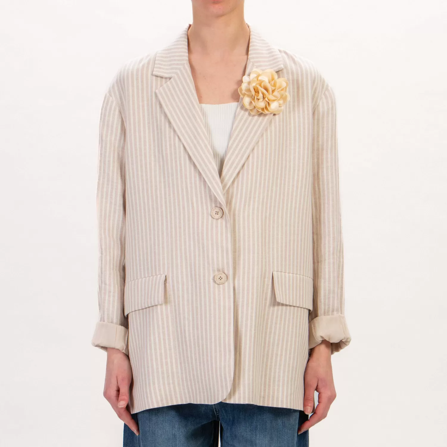 Shop White Mood Haveone-Giacca Gessata Oversize Misto Lino - Burro/Beige