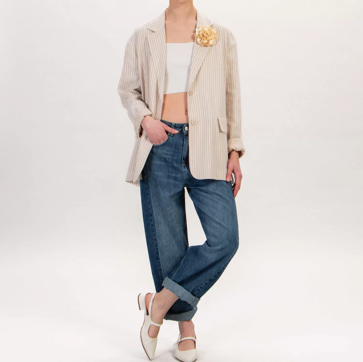 Shop White Mood Haveone-Giacca Gessata Oversize Misto Lino - Burro/Beige