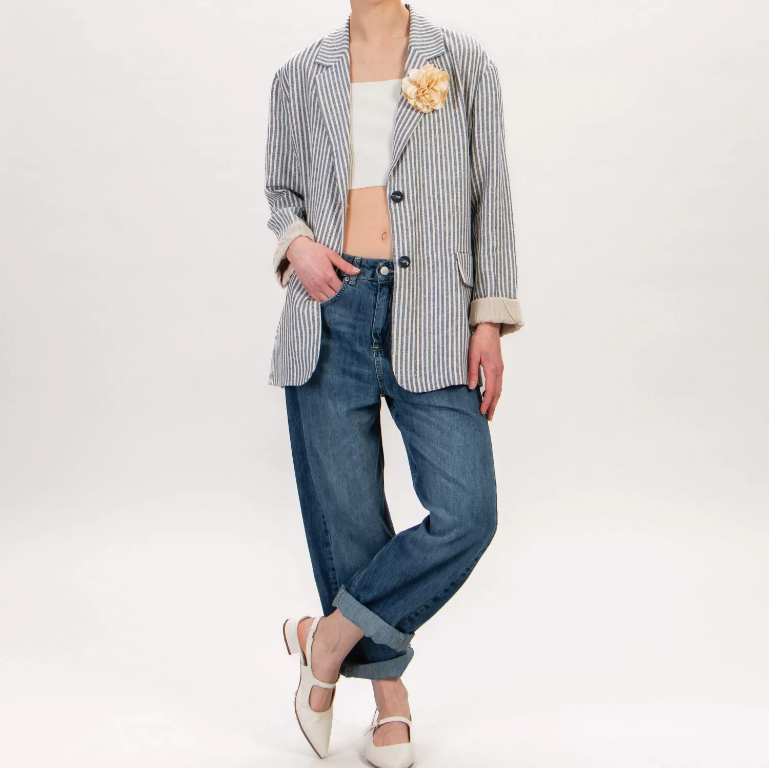 Outlet White Mood Haveone-Giacca Gessata Oversize Misto Lino - Burro/Blu