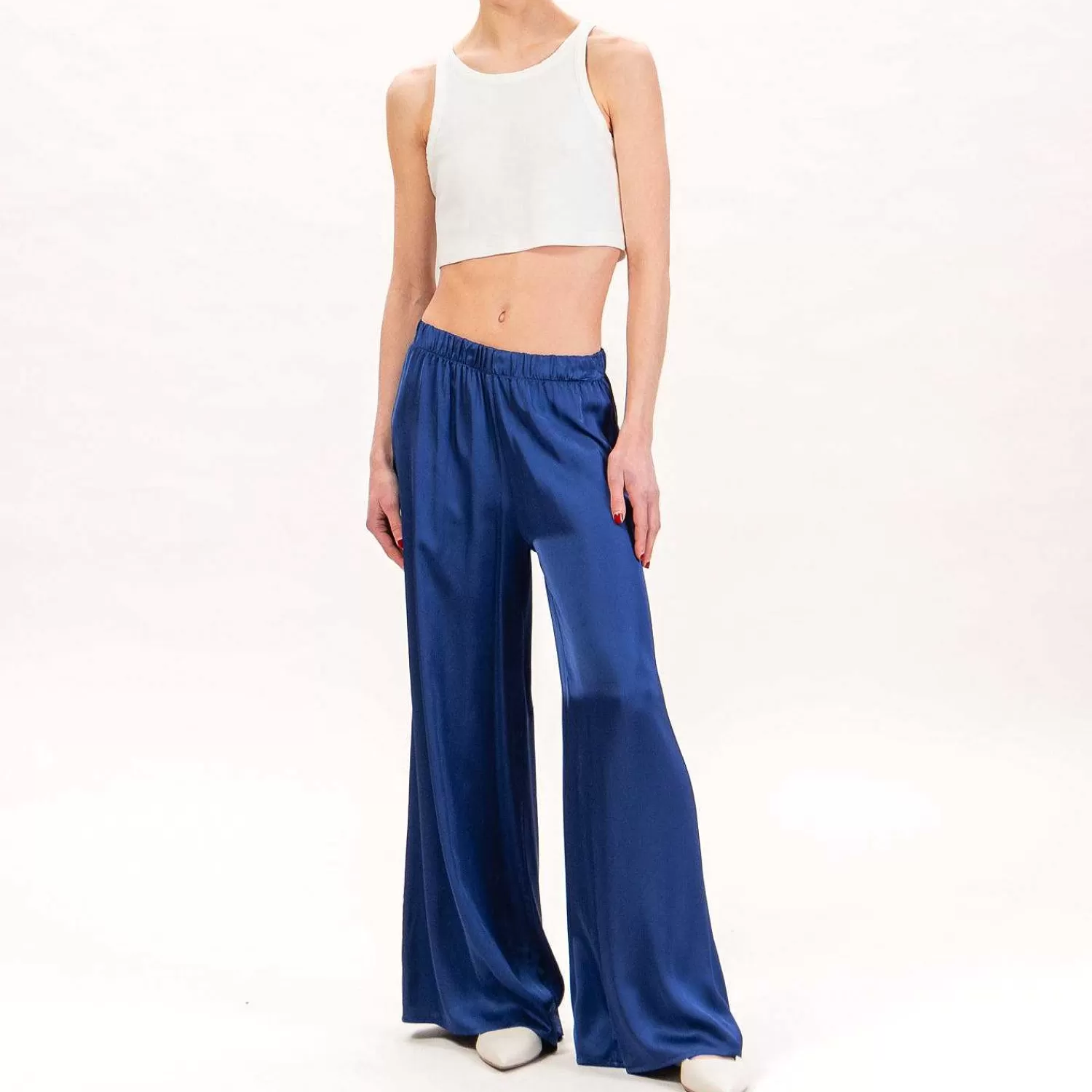 Store White Mood Haveone-Pantalone Elastico In Satin - Blu Notte