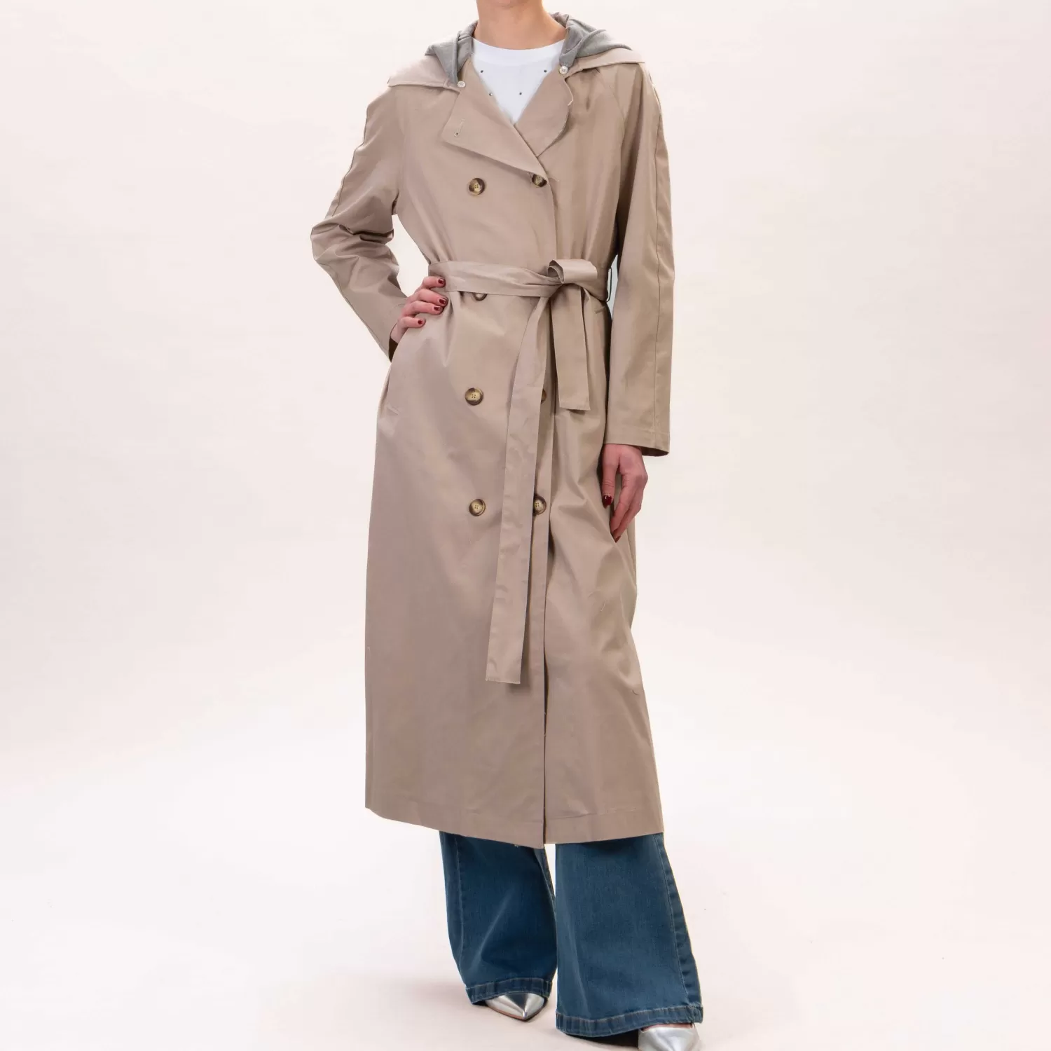 New White Mood Haveone-Trench Lungo Con Cappuccio Staccabile - Sabbia/Grigio