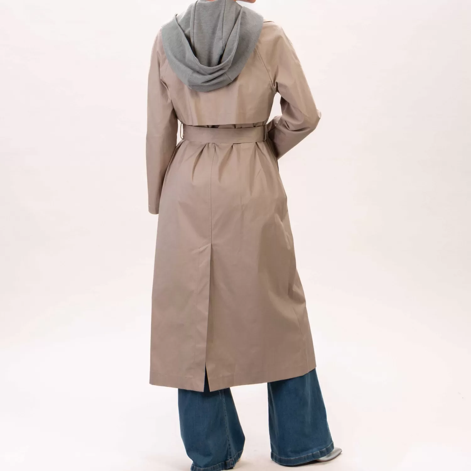 New White Mood Haveone-Trench Lungo Con Cappuccio Staccabile - Sabbia/Grigio