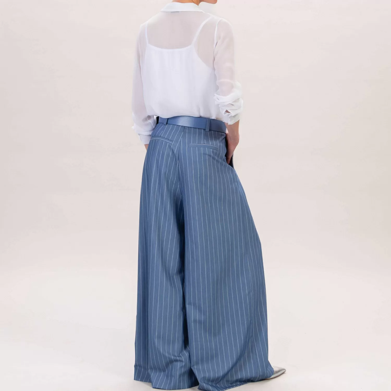 Fashion White Mood Imperial-Pantalone Palazzo Gessato Con Pinces - Blu Denim