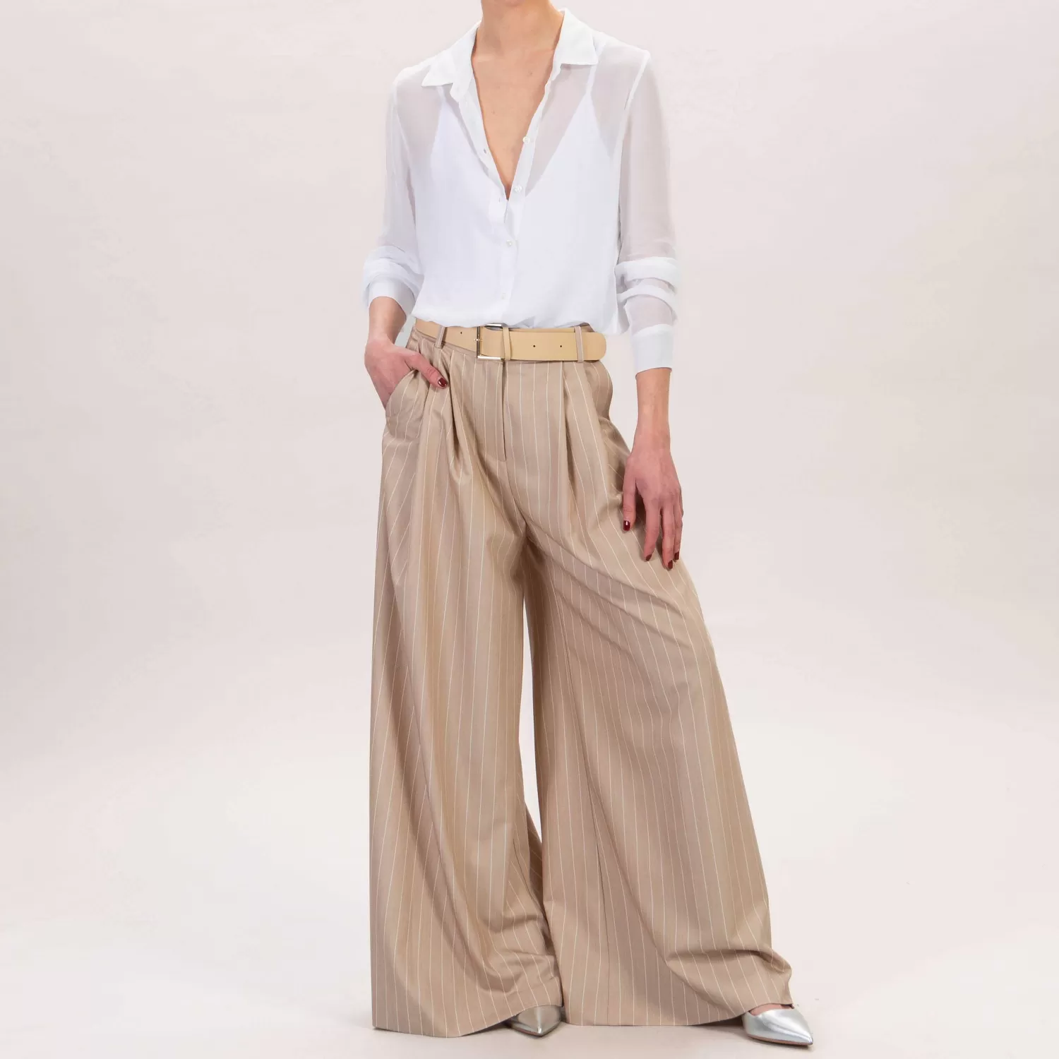 Sale White Mood Imperial-Pantalone Palazzo Gessato Con Pinces - Cacha