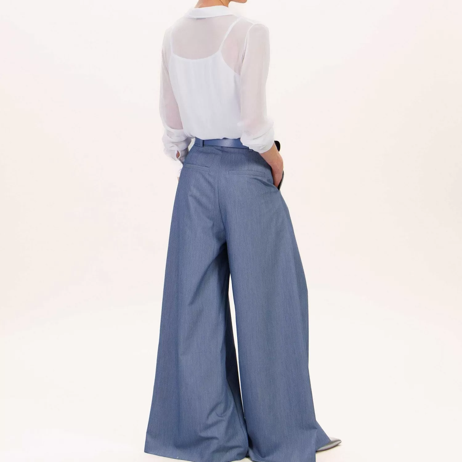 Fashion White Mood Imperial-Pantalone Palazzo Pinces Con Cintura - Blu Denim