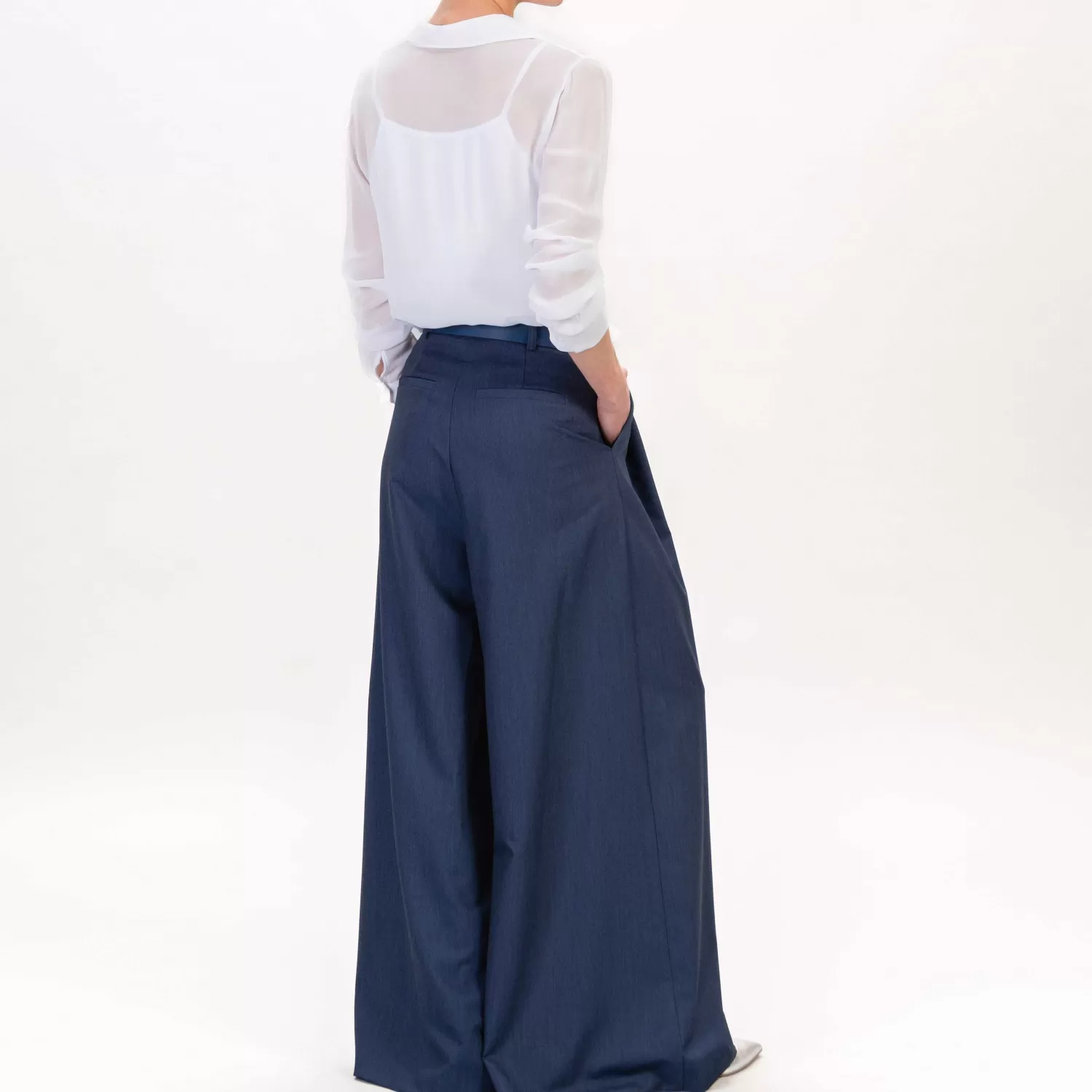 New White Mood Imperial-Pantalone Palazzo Pinces Con Cintura - Denim Scuro