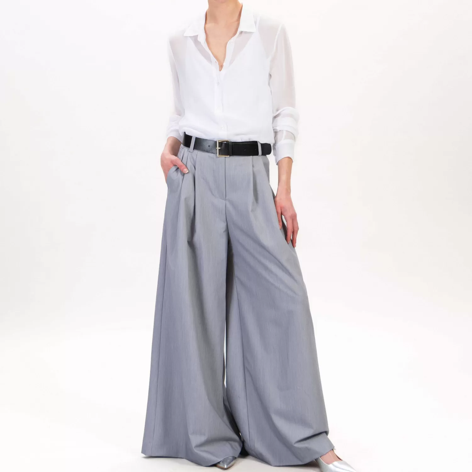 Flash Sale White Mood Imperial-Pantalone Palazzo Pinces Con Cintura - Grigio Melange