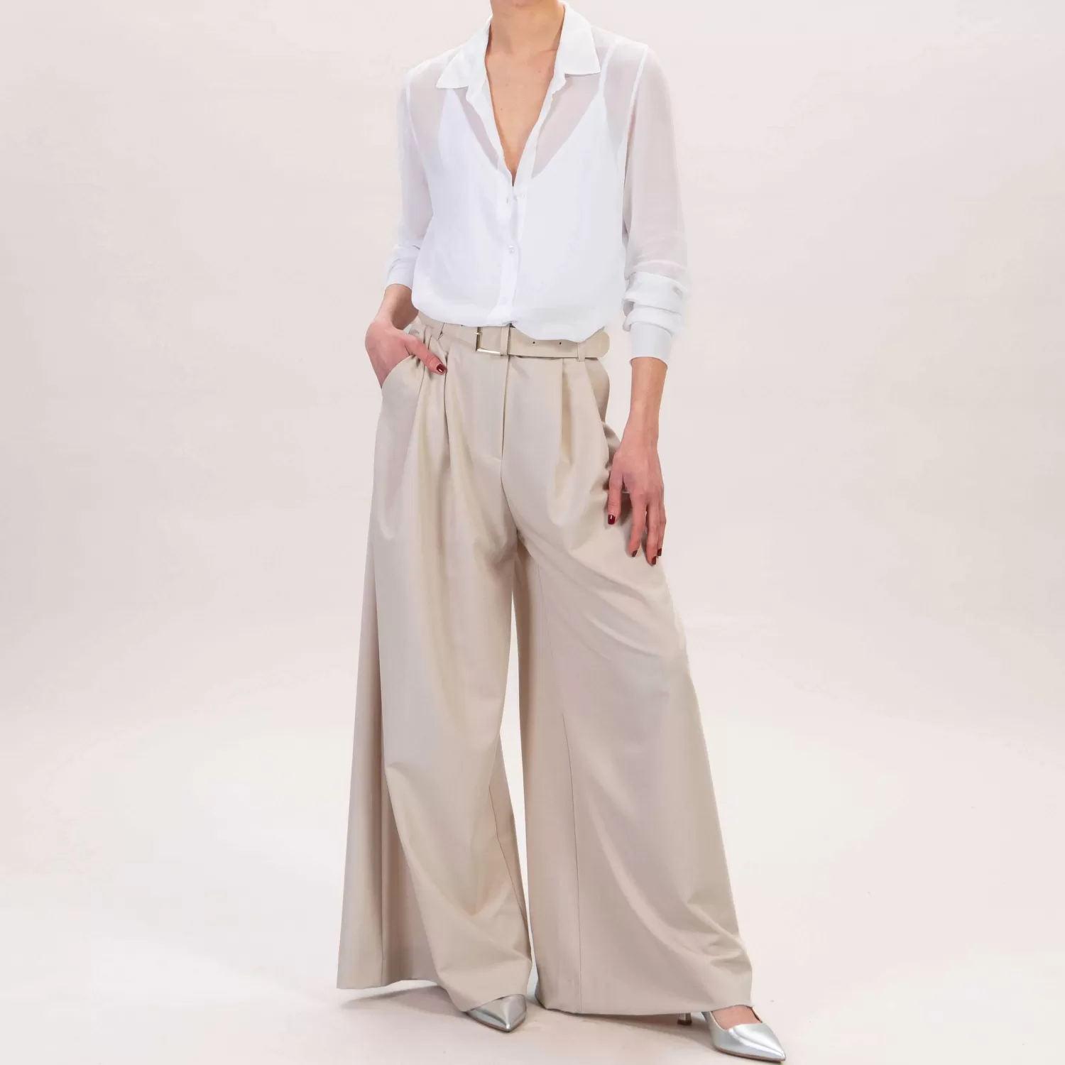 Hot White Mood Imperial-Pantalone Palazzo Pinces Con Cintura - Mastice