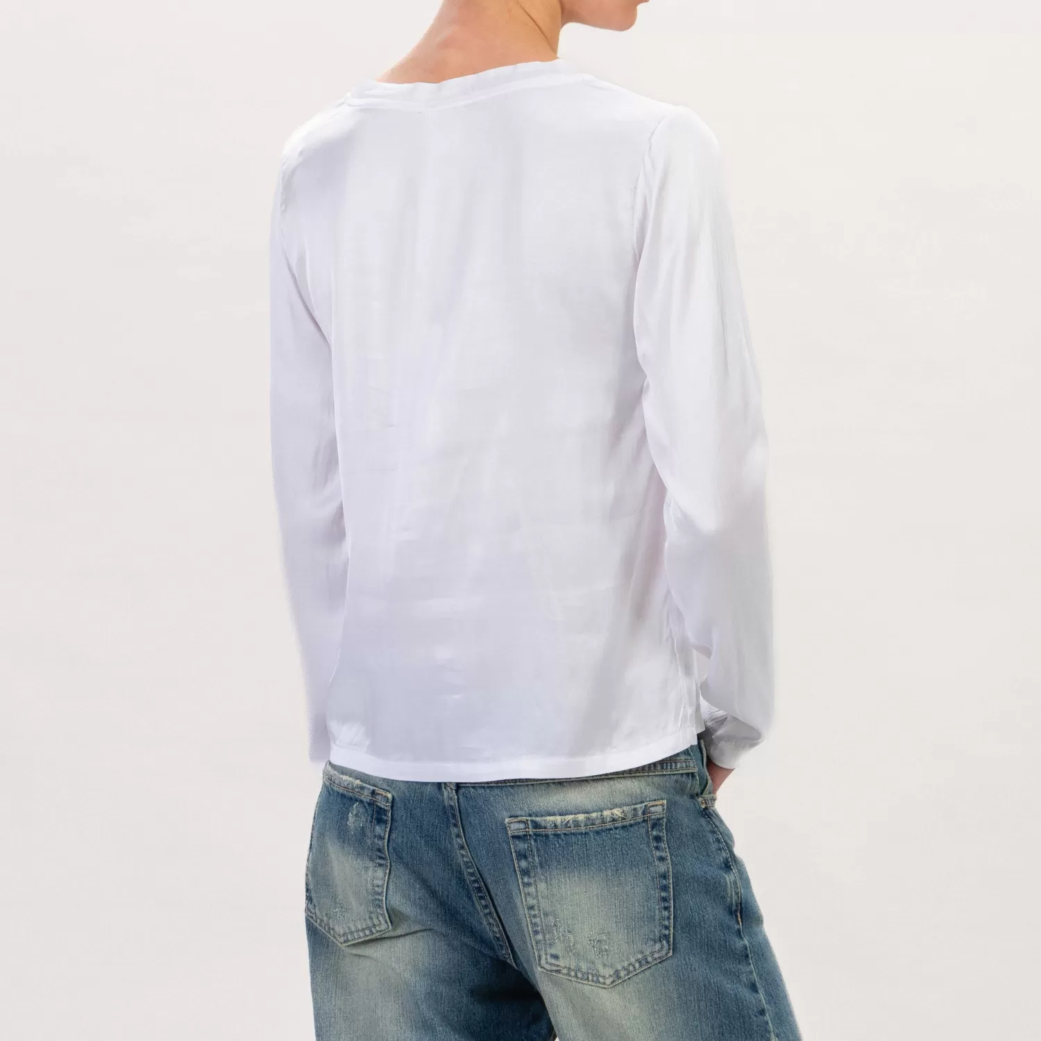 Clearance White Mood Kontatto-Blusa Satin Elasticizzato Girocollo Manica Lungo - Latte