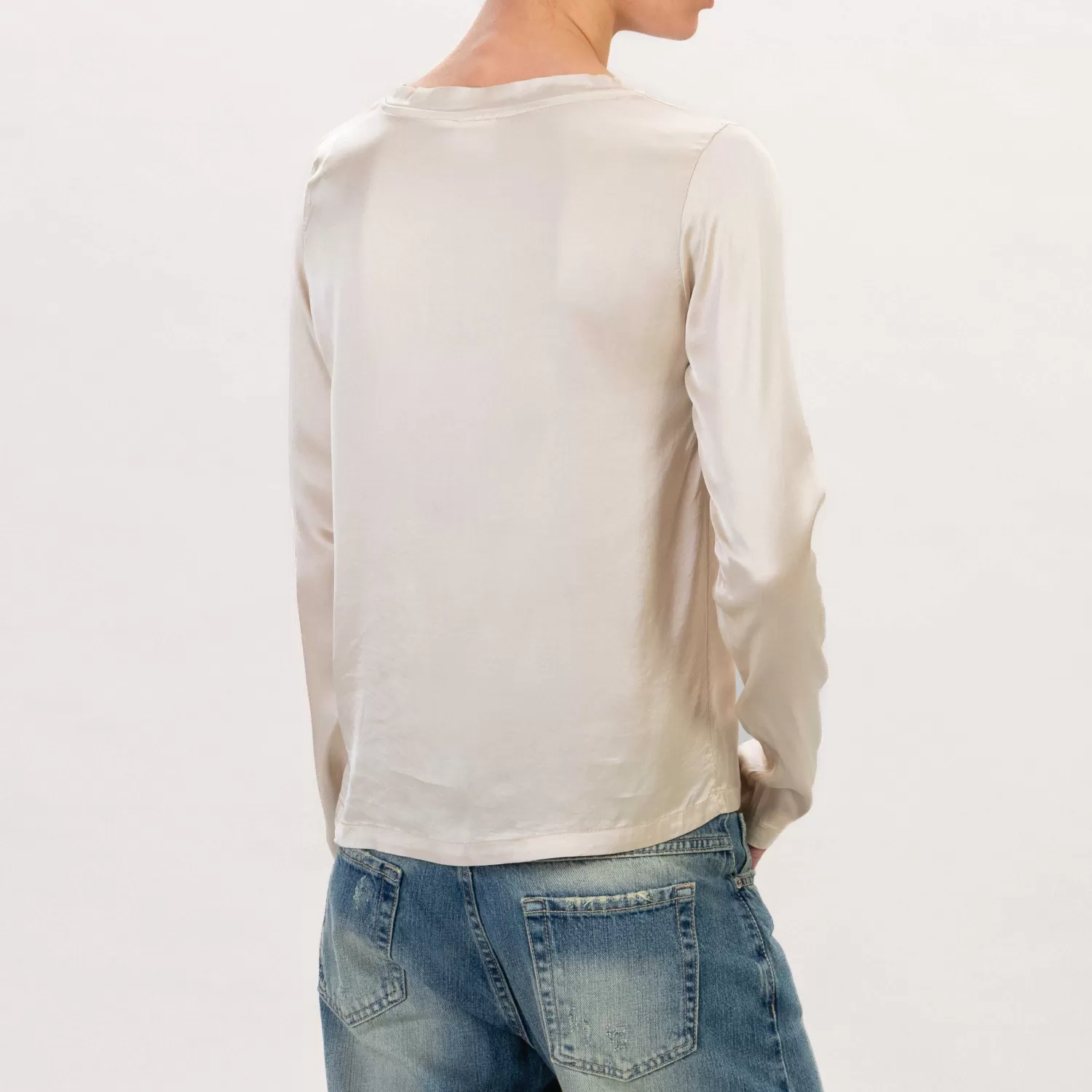 Store White Mood Kontatto-Blusa Satin Elasticizzato Girocollo Manica Lungo - Sand