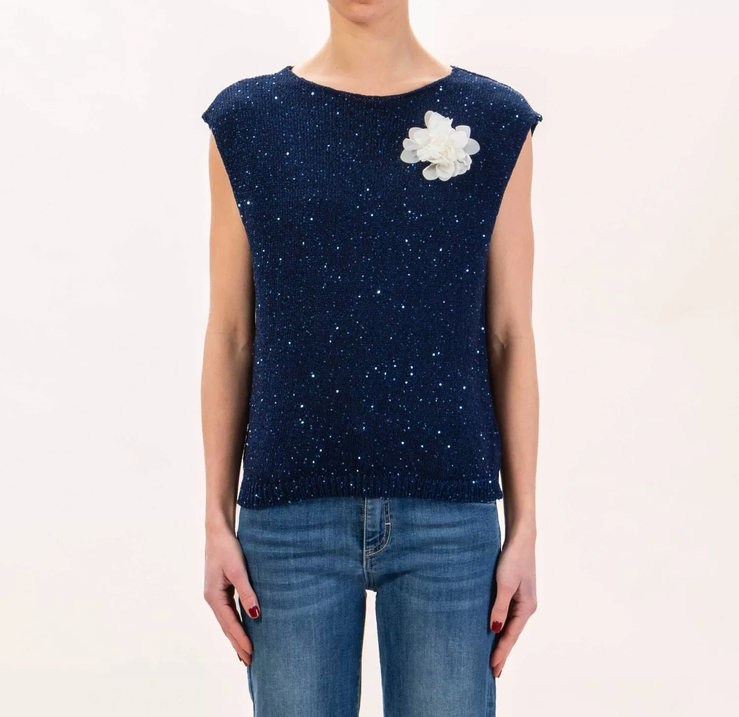 Online White Mood Kontatto-Maglia Smanicata Paillettes Con Spilla - Blu