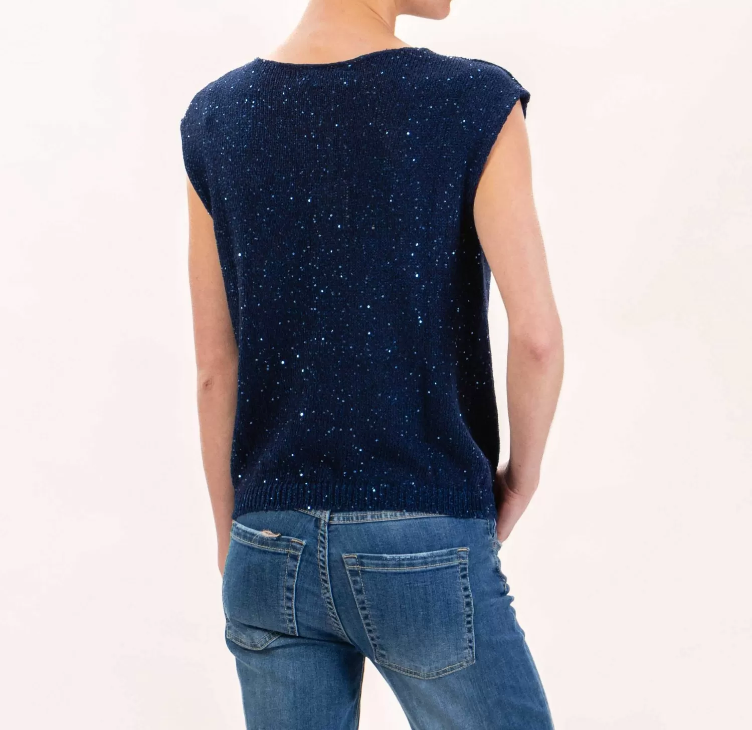 Online White Mood Kontatto-Maglia Smanicata Paillettes Con Spilla - Blu