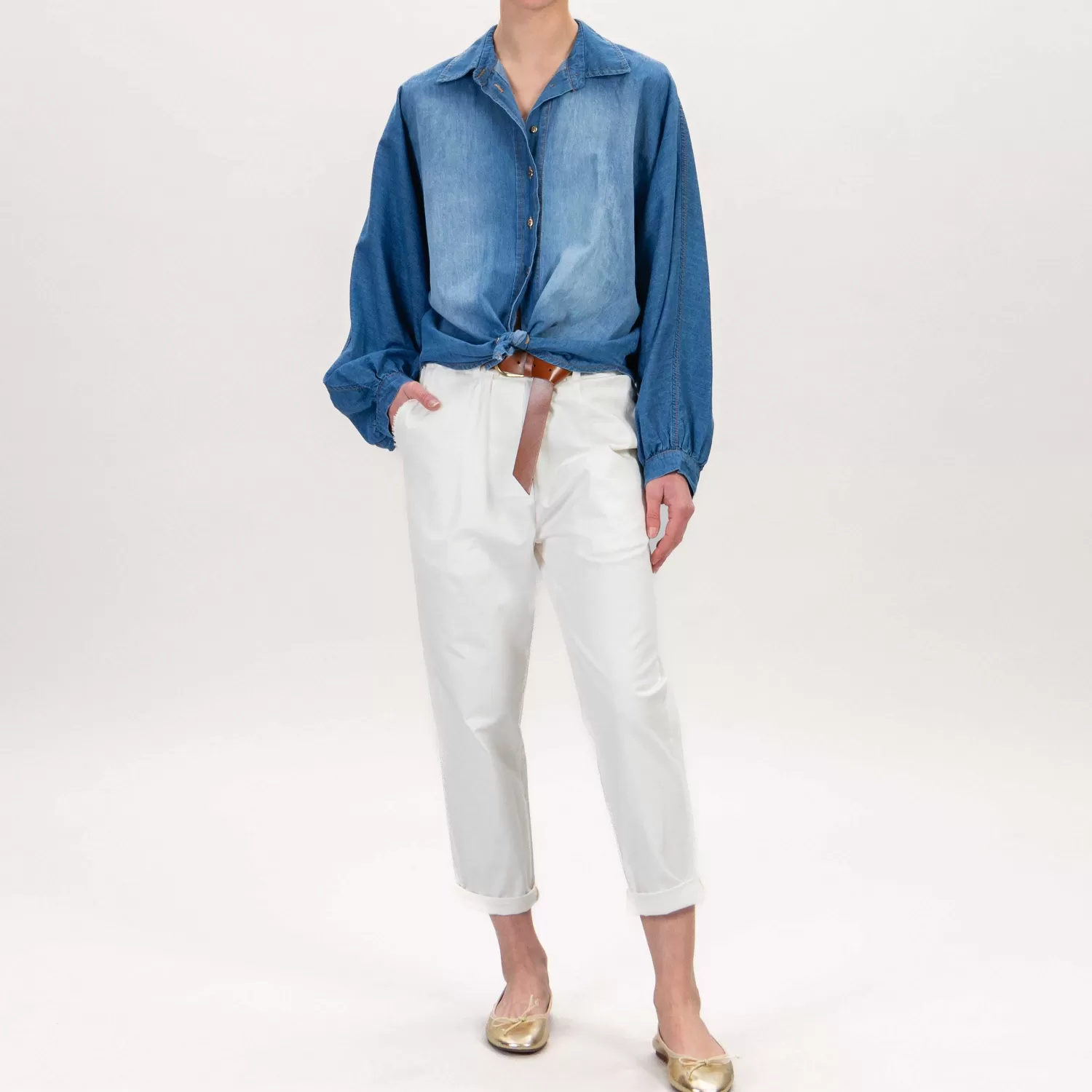 Clearance White Mood Motel-Camicia Chambray Con Nodo - Denim