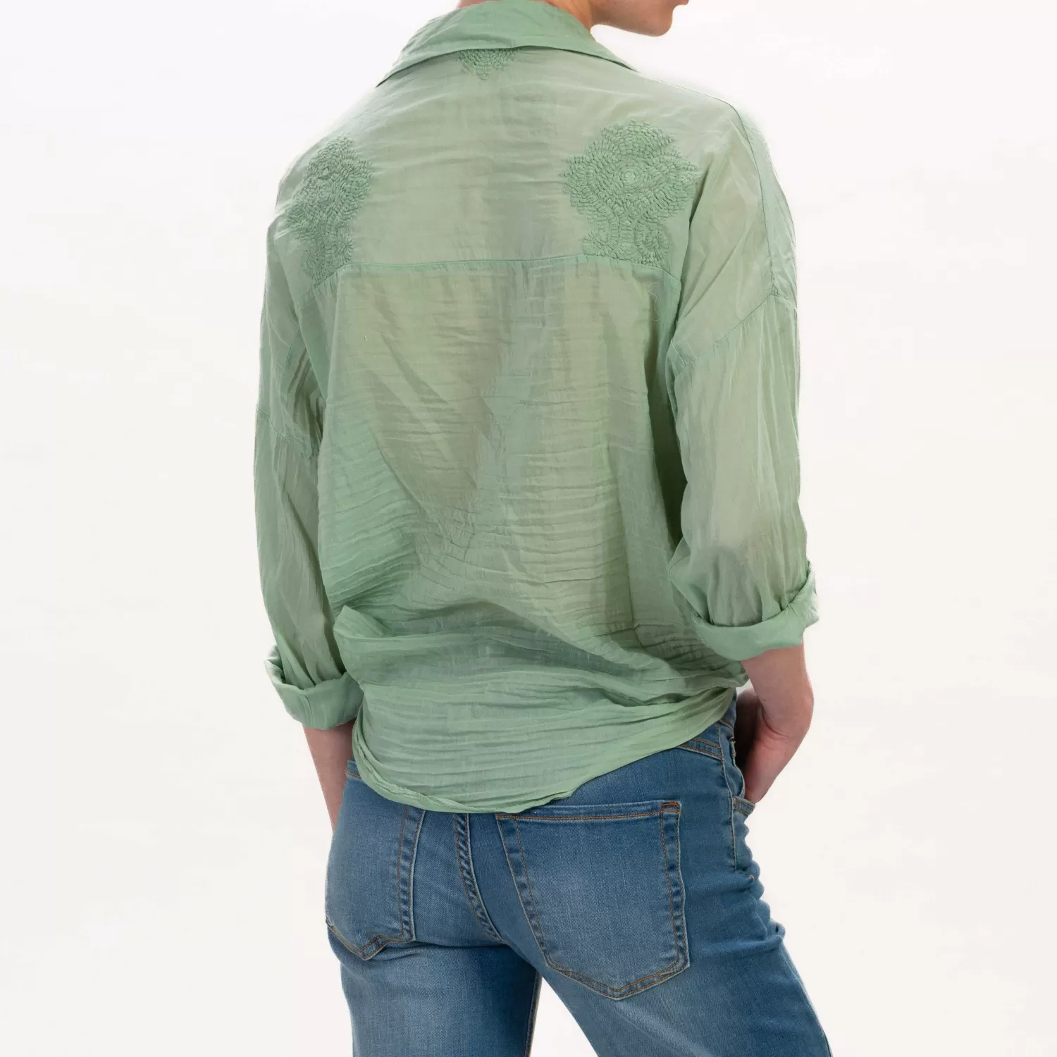 Shop White Mood Motel-Camicia Mussola Con Ricami - Green Bay