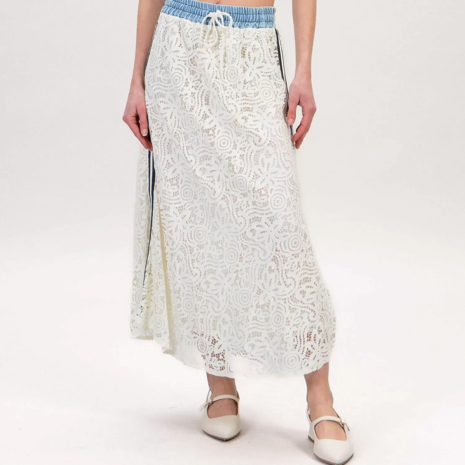 Sale White Mood Motel-Gonna Pizzo Doppio Tessuto Banda Laterale - Burro/Denim/Blu