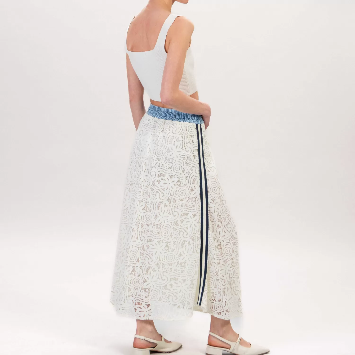 Sale White Mood Motel-Gonna Pizzo Doppio Tessuto Banda Laterale - Burro/Denim/Blu