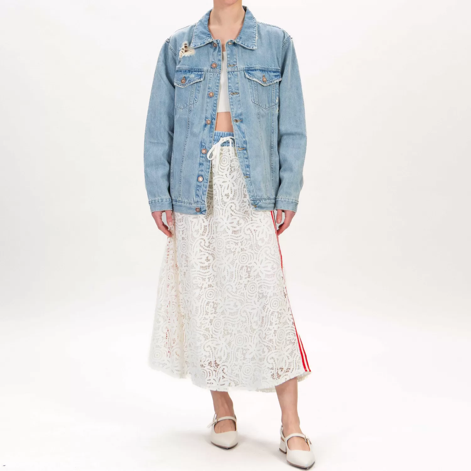 Discount White Mood Motel-Gonna Pizzo Doppio Tessuto Banda Laterale - Burro/Denim/Rosso