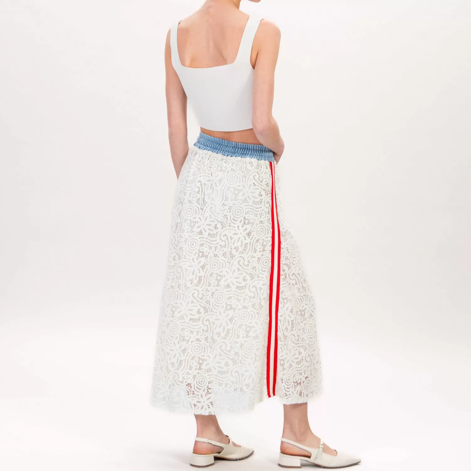 Discount White Mood Motel-Gonna Pizzo Doppio Tessuto Banda Laterale - Burro/Denim/Rosso