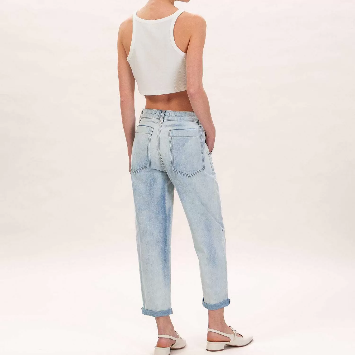 Hot White Mood Motel-Jeans Bottoni Gioiello - Denim Chiaro