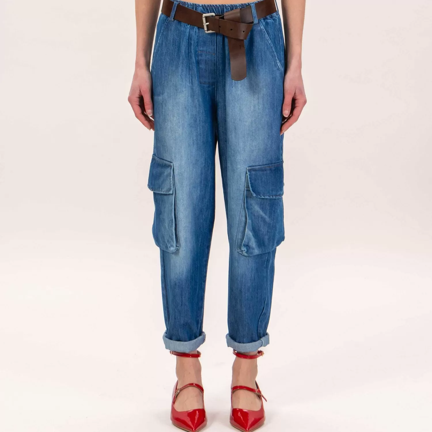 Fashion White Mood Motel-Jeans Cargo Elastico In Vita - Denim