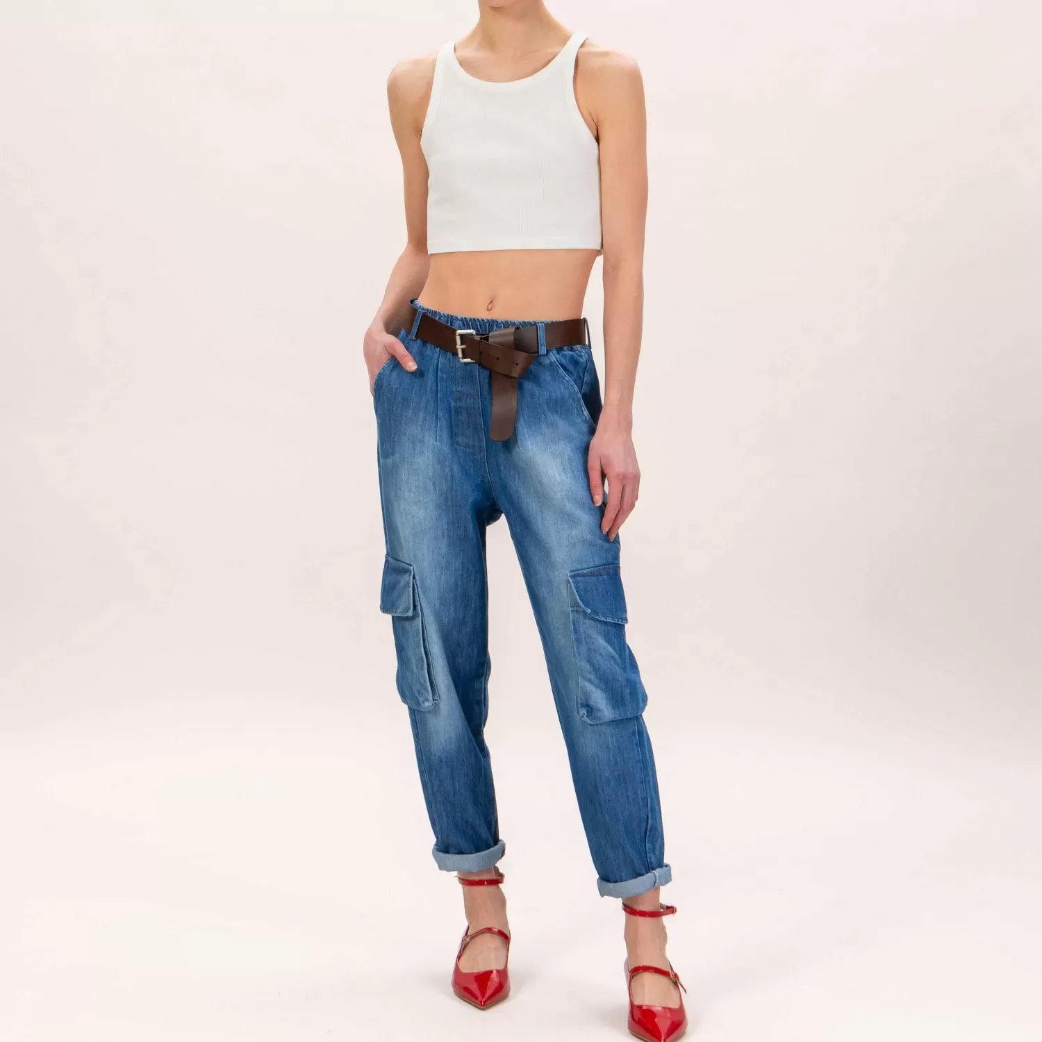 Fashion White Mood Motel-Jeans Cargo Elastico In Vita - Denim