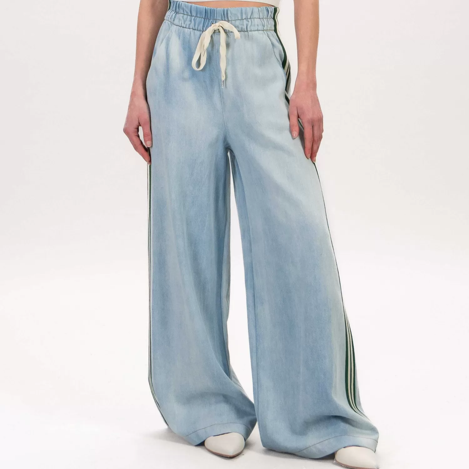 Cheap White Mood Motel-Pantalone Tela Jeans Elastico Banda Laterale - Denim/Burro/Verde