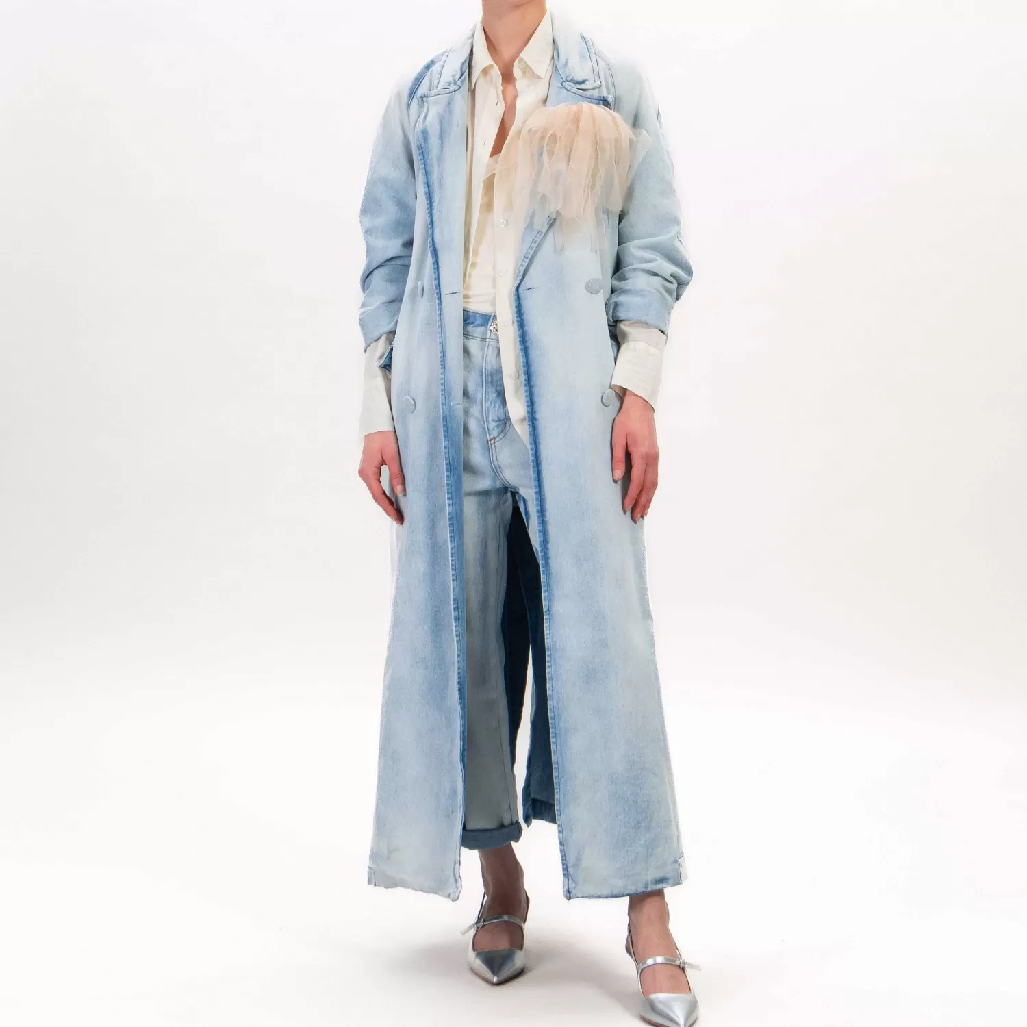 Outlet White Mood Motel-Trench In Denim Con Spilla Removibile - Denim Chiaro