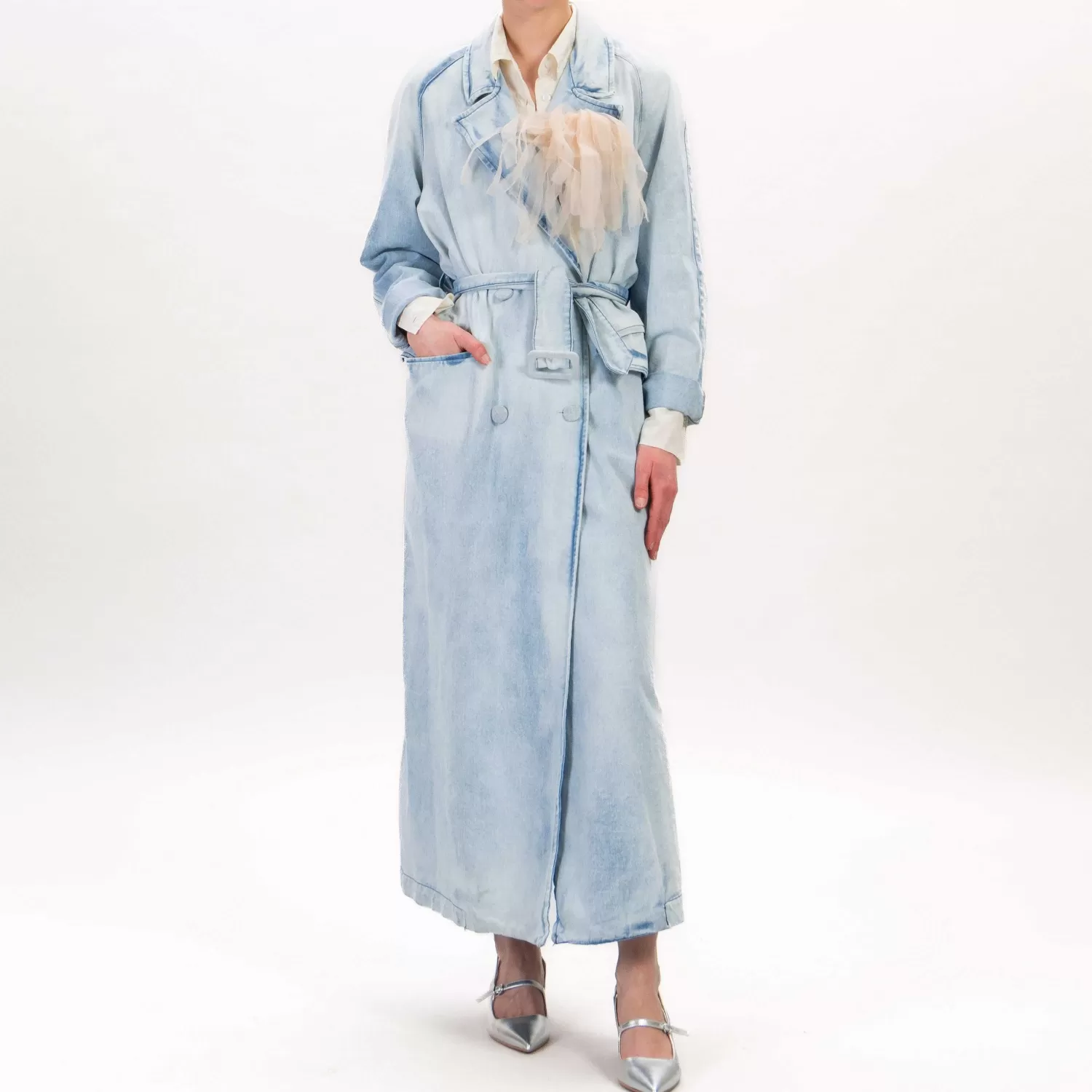 Outlet White Mood Motel-Trench In Denim Con Spilla Removibile - Denim Chiaro