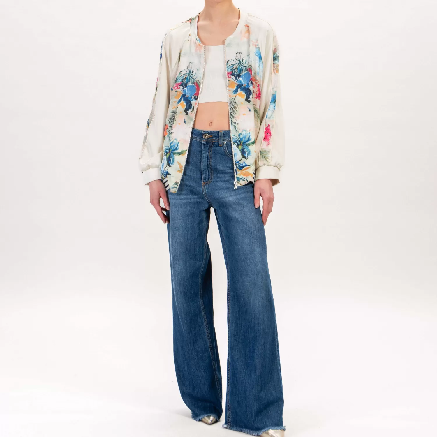 Hot White Mood Souvenir-Bomber Fantasia Fiori - Burro/Blu/Fucsia