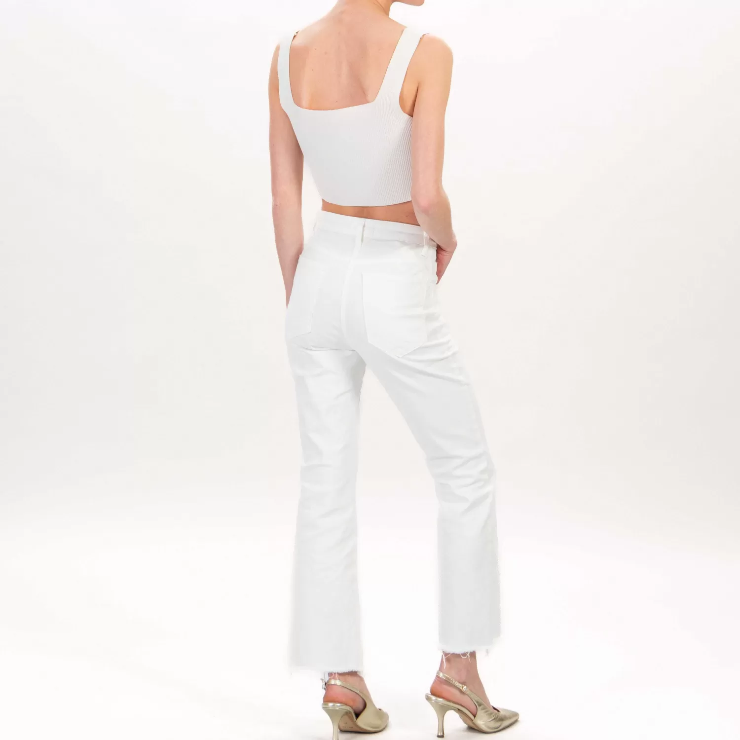 Hot White Mood Souvenir-Pantalone 5 Tasche Sfrangiato Cotone Elasticizzato- Latte