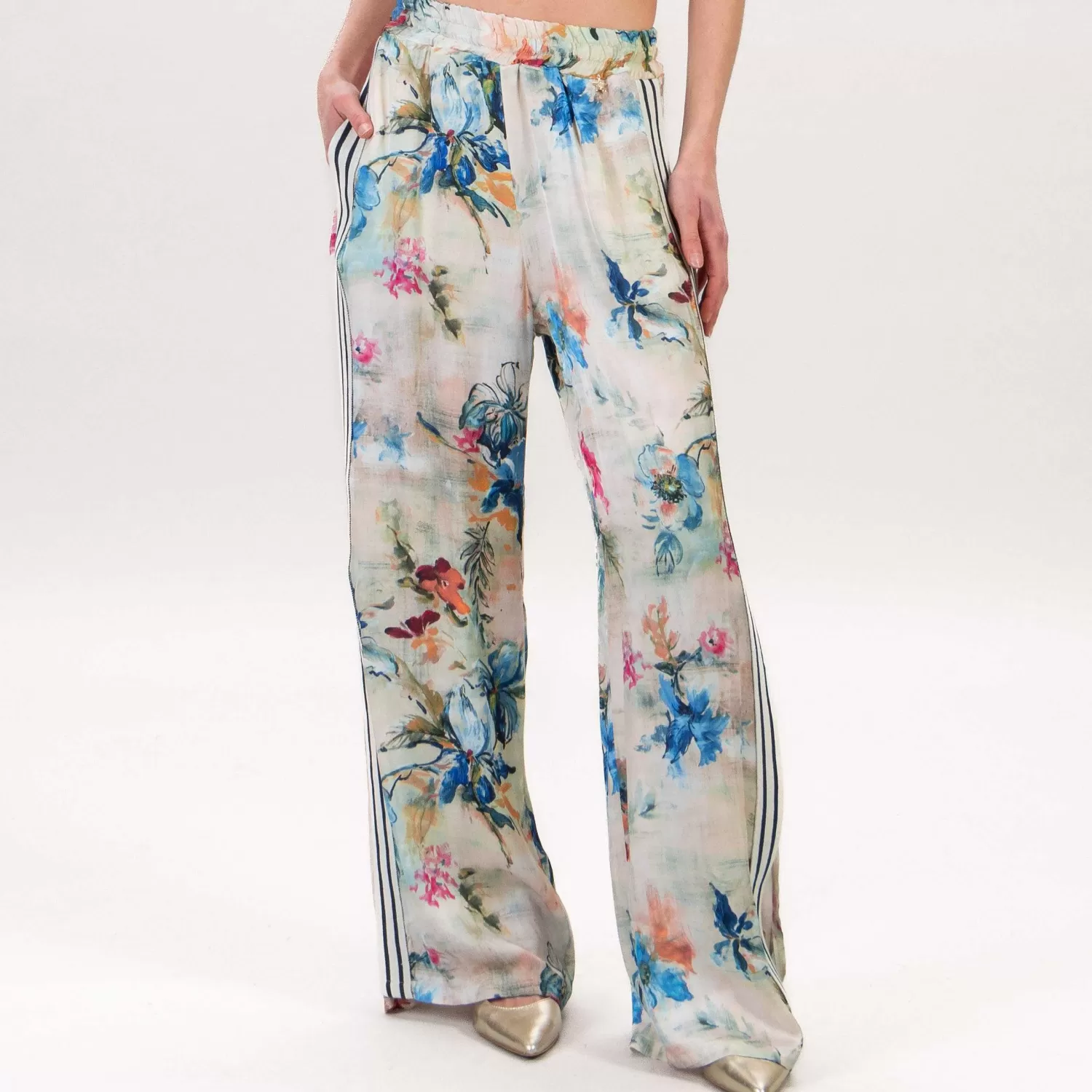 Clearance White Mood Souvenir-Pantalone Fantasia Fiori Satin - Burro/Blu/Fucsia