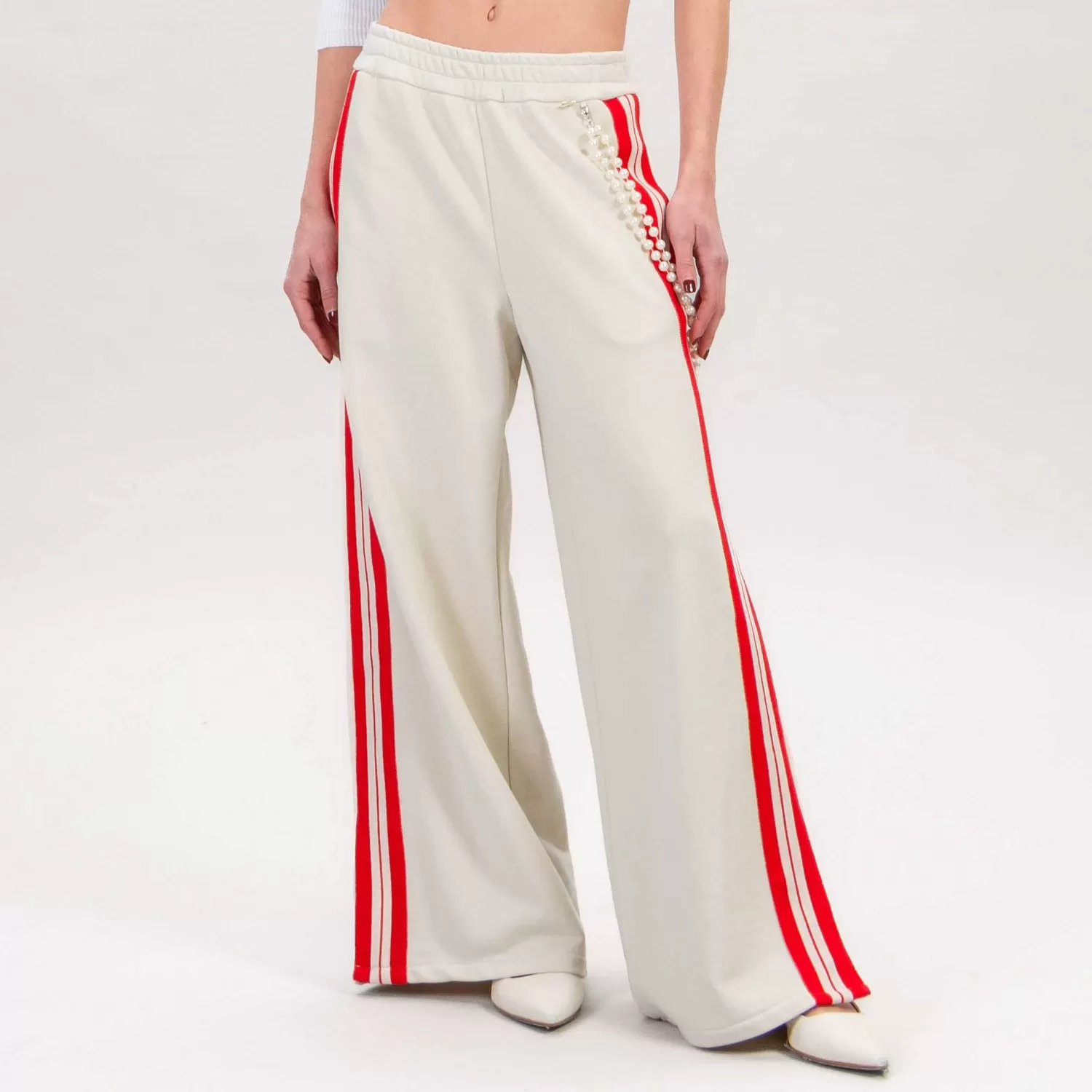 Fashion White Mood Souvenir-Pantalone Felpa Banda Laterale - Sand/Lacca