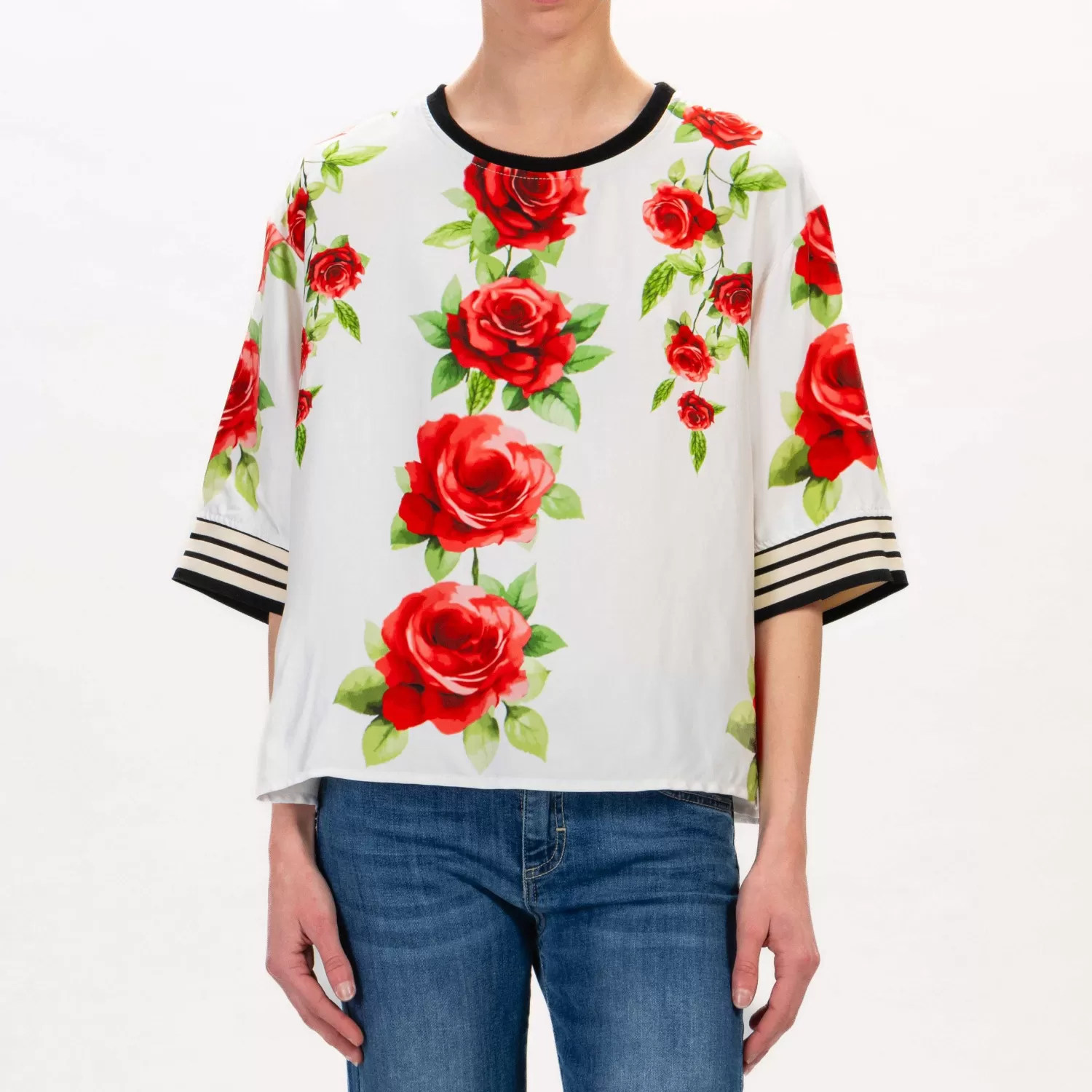 Fashion White Mood Tensione In-Blusa Fantasia Fiori Con Banda - Latte/Rosso/Nero