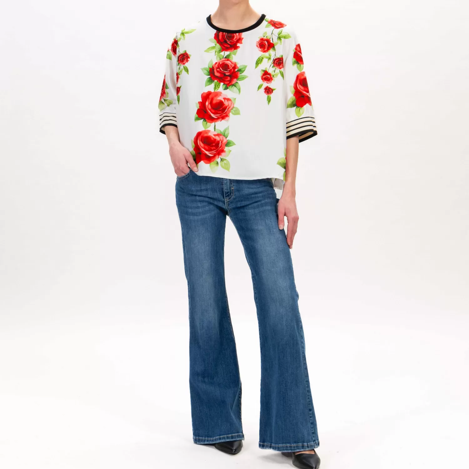 Fashion White Mood Tensione In-Blusa Fantasia Fiori Con Banda - Latte/Rosso/Nero