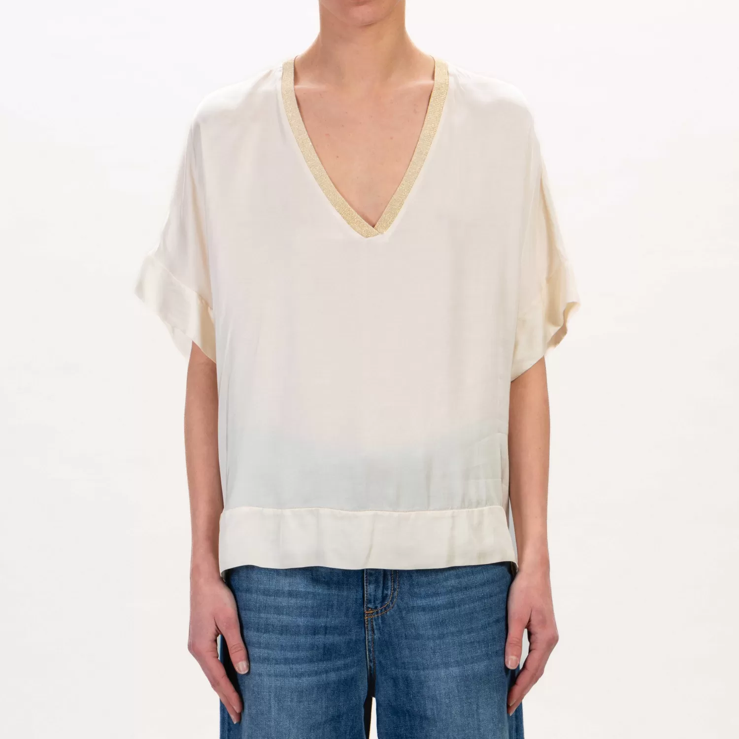 New White Mood Tensione In-Blusa Scollo V Bordo Lurex - Burro