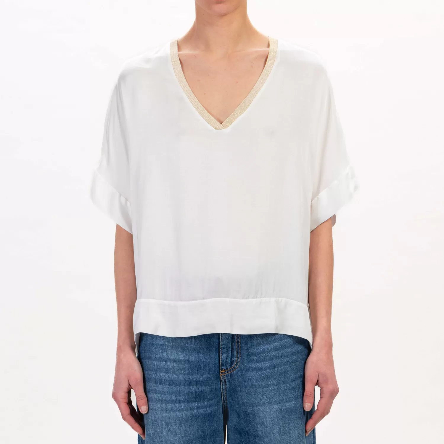 Fashion White Mood Tensione In-Blusa Scollo V Bordo Lurex - Latte